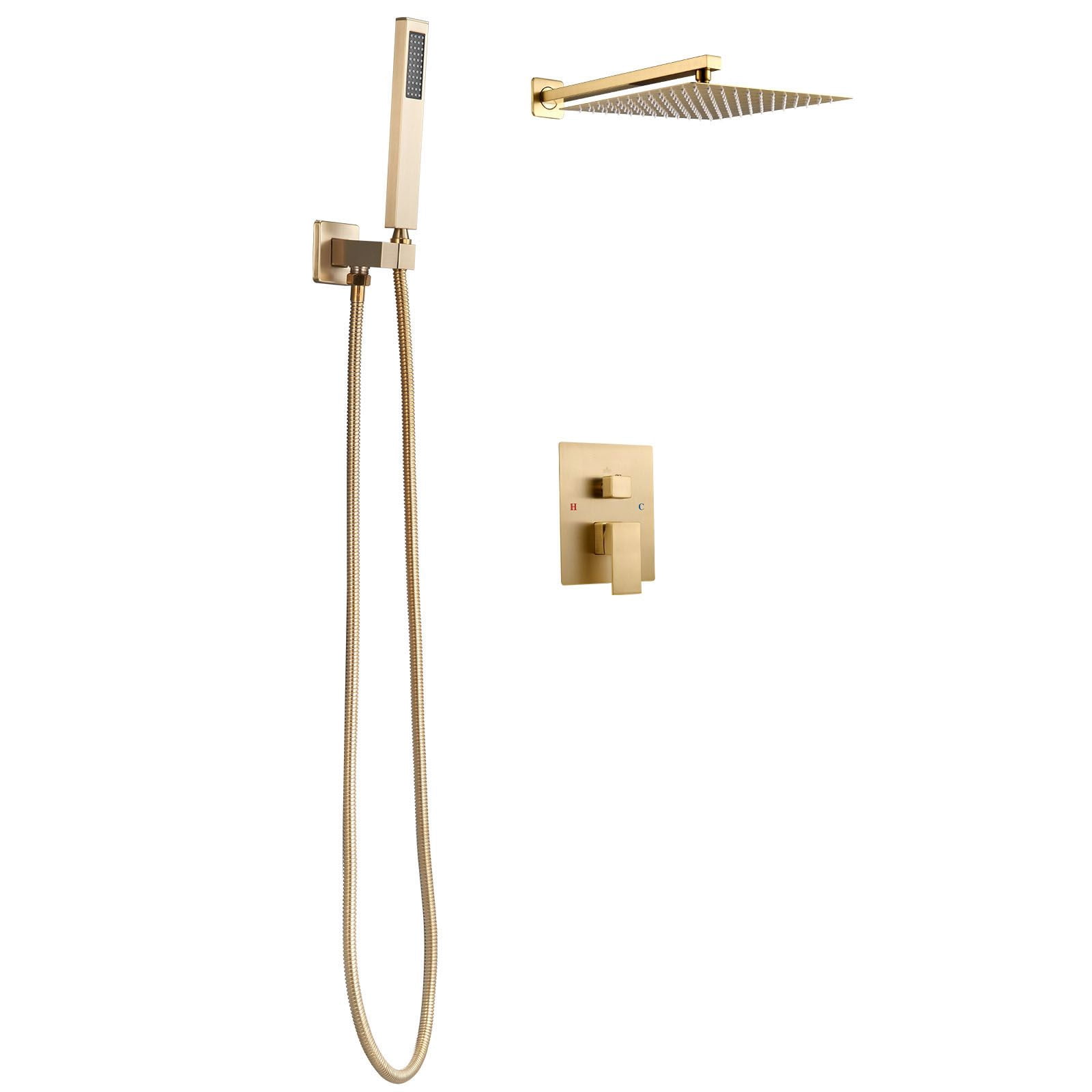 Rainfall Shower System with 12" Square Head, Handheld Spray, Brass Valve, Brushed Gold, for Bathroom Wall Mount
