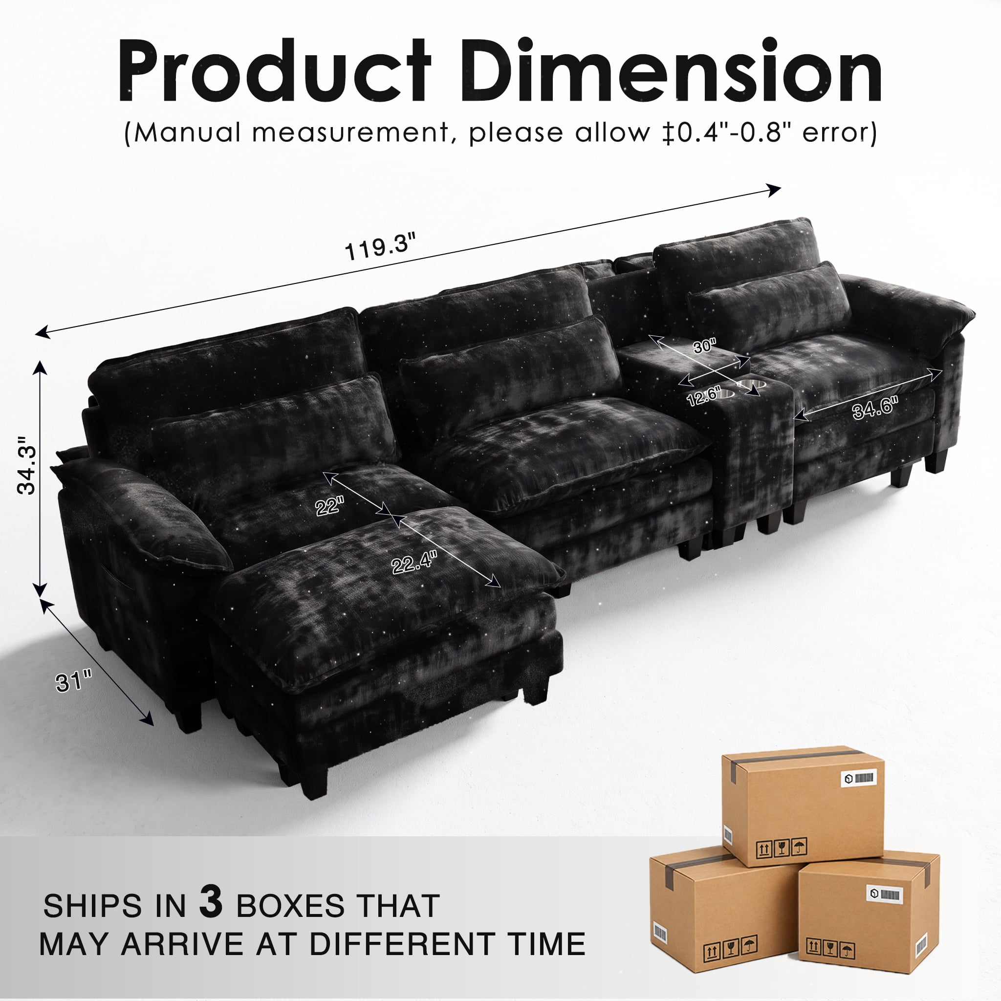AISWORD 119" Cloud Modular Sectional Couch, L‑Shaped Deep Wide Seat Sofa with Ottoman, USB Charging Port, Throw Pillows, Modern Chenille Living Room Furniture, Black