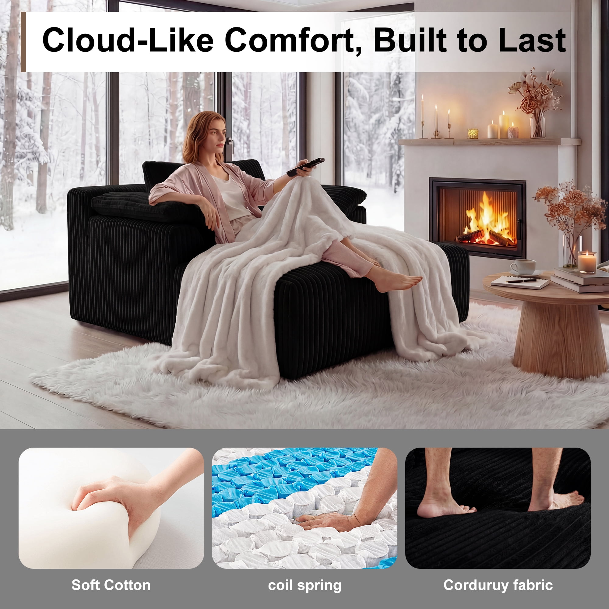 ChenyueFurn 60" Corduroy Chaise Lounge, Oversized Boneless Sofa Bed, Deep Seat Cloud Couch, No Assembly, Black