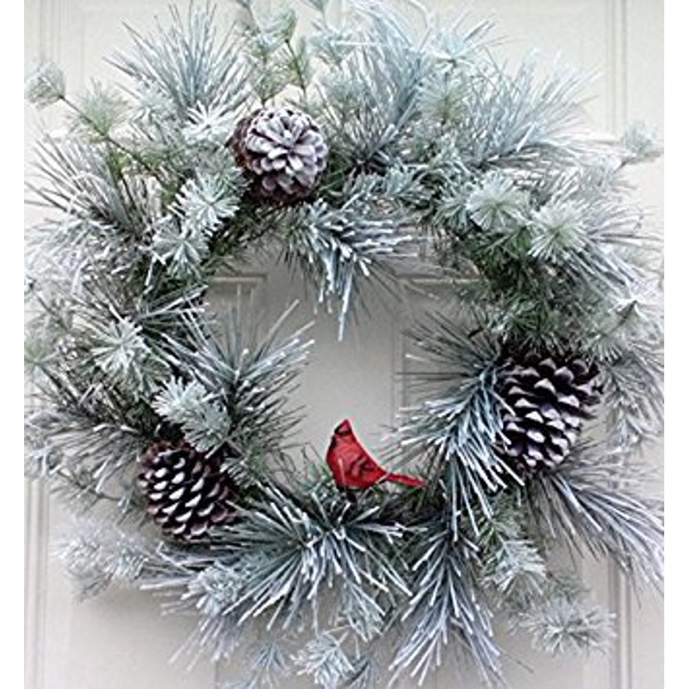 Cardinal In The Winter Woods Flocked Snowy Pine and Cone Door Wreath 24