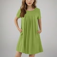 thumbnail image 5 of Girls Short Sleeve Summer Dress Kids Casual Crewneck Loose Beach Short Dresses with Pockets 5-13 Years Green 8-9 Years, 5 of 6