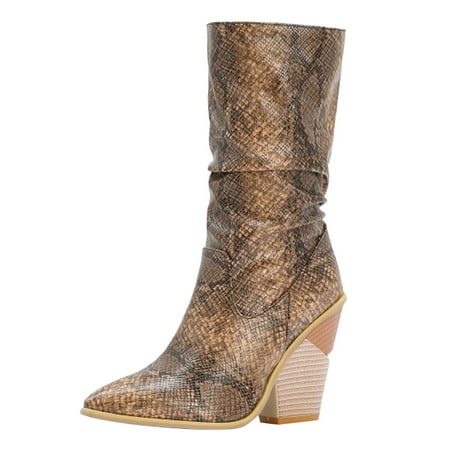 OJSFQUFP Ankle Boots for Women Beautiful Print Western Ankle High Boots Calf Women Stacked Heel Point Toe Boots Comfortable Fall Shoes Boots Women Brown 42