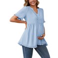 thumbnail image 4 of INSPIRE CHIC Women Maternity Blouses Boho Ruffled V Neck Short Sleeve Shirts Flowy Loose Casual Tops Clothing 2025 Blue XL, 4 of 5