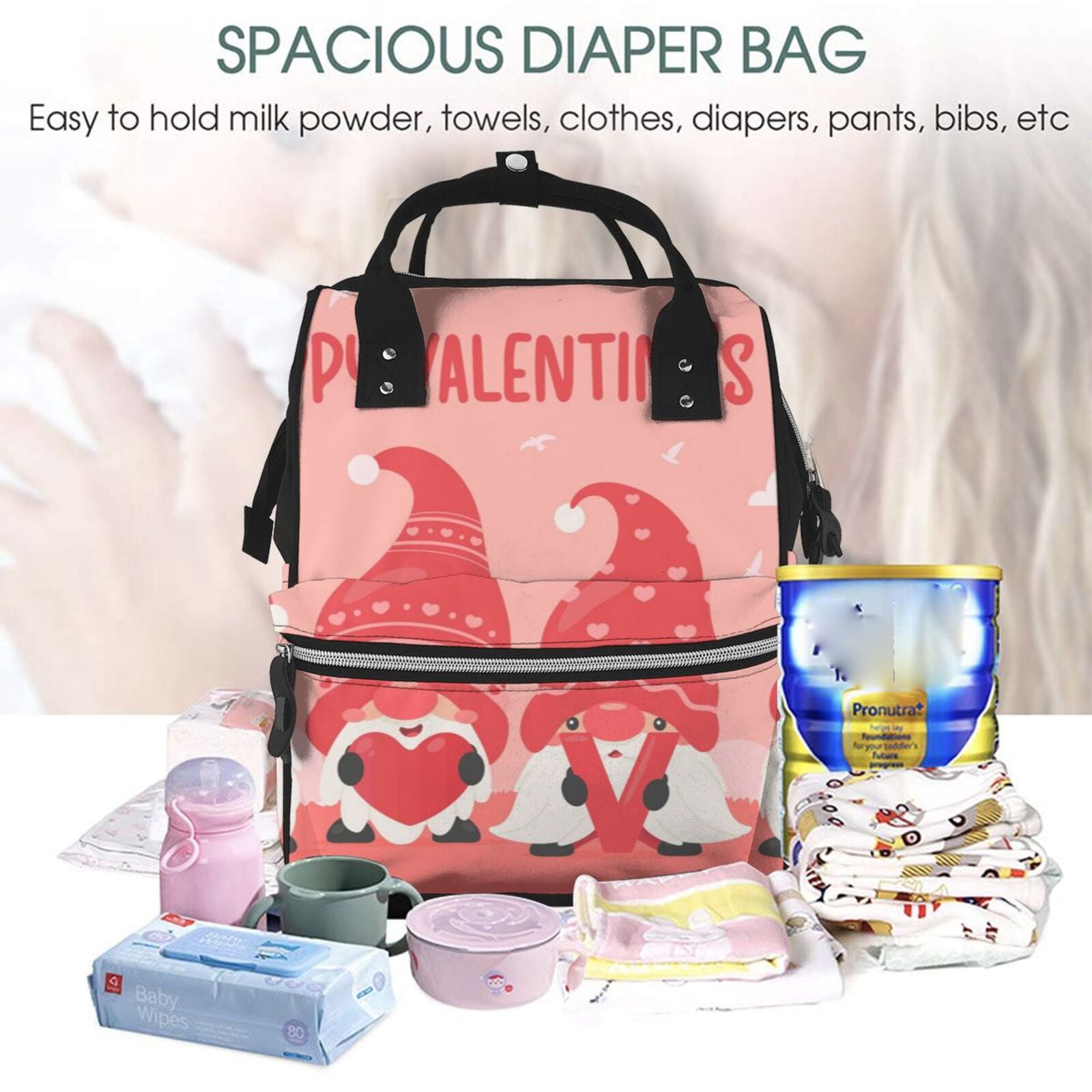 Fuzoiu Gnomes Hold The Letters LOVE Print Diaper Bag Backpack,Baby Essentials Travel Tote,Multi function Waterproof Diaper Bag, Travel Essentials Baby Bag - Unisex