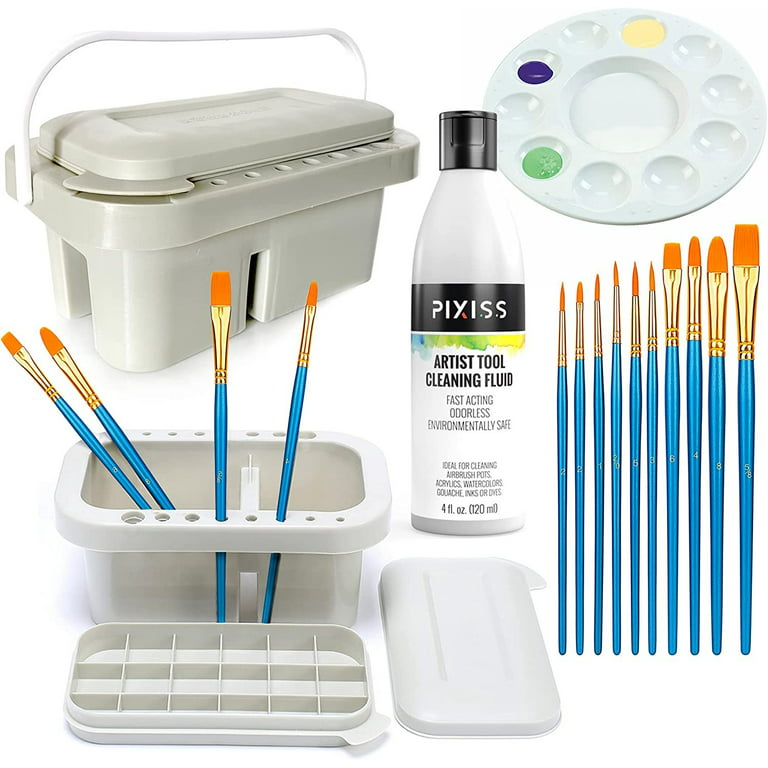 Pixiss Paint Brush Cleaner Basin - Brush Basin, Paint Brush Rinser, Paint  Brush Holder, Paint Organizer for Acrylic Painting with Palettes, 4 Ounce  Brush Cleaner Solution, and 10 Paint Brushes 