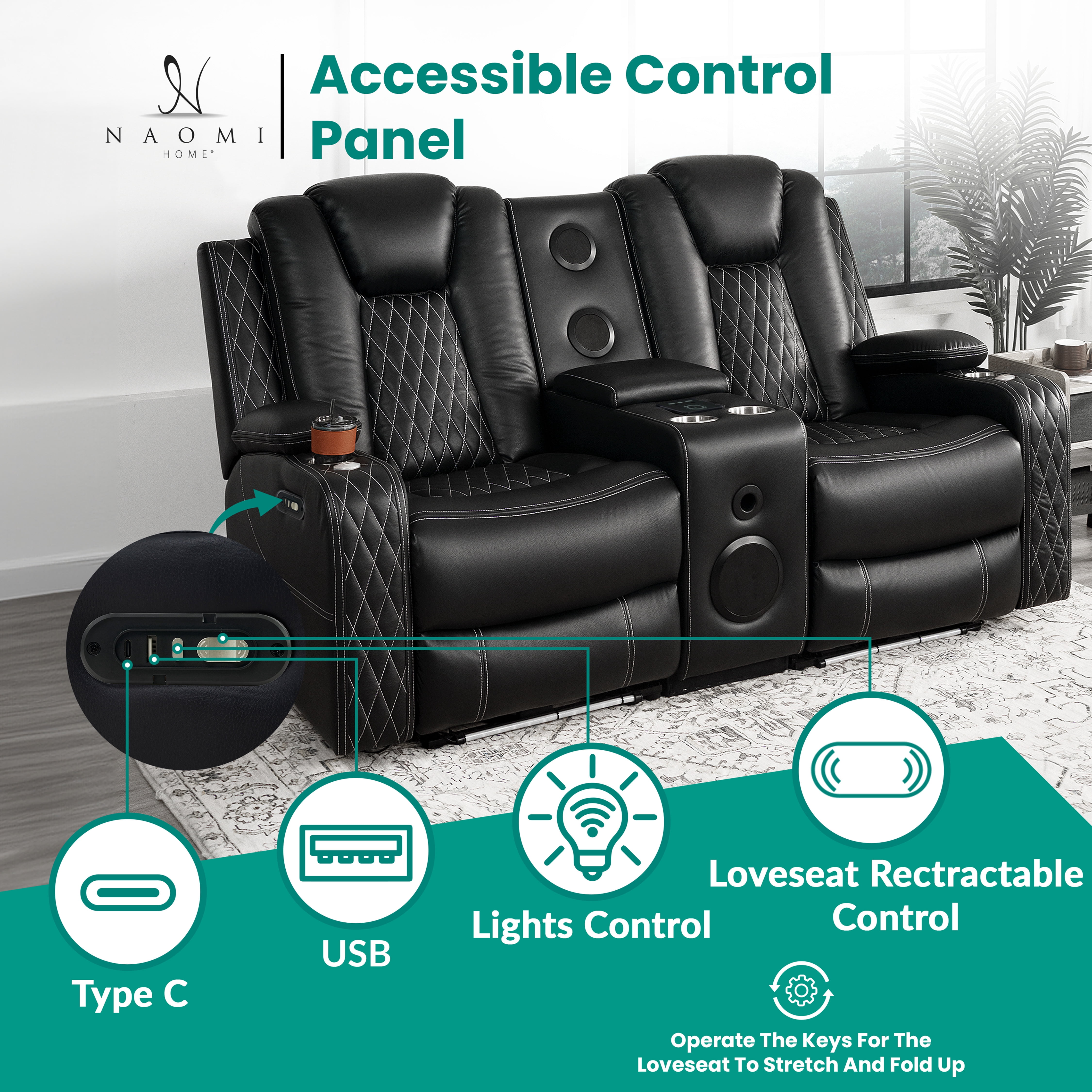 Naomi Home Chicago Corner Loveseat Sofa Black Air Leather, Reclining Sofa with Console, Cup Holders, USB Ports, Pillow Top Armrests & Split Back Design, Modern Air Leather Living Room Couch