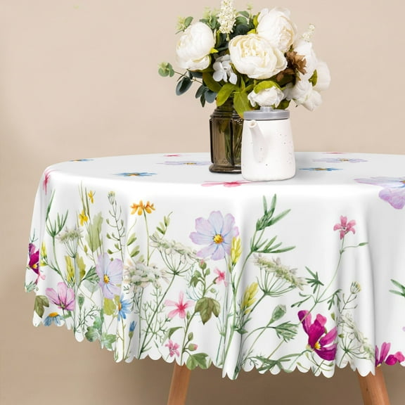 Nanqianyi Spring Wildflowers Round Tablecloth 60 inch, Blooms Floral Washable Table Cover for Party Picnic Dinner Decor