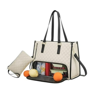 LOVEVOOK Lunch Tote Bag for Women, 15.6 Inch Laptop Bag with Insulated Lunch Compartment, Quilted Large Capacity Computer Handbag with Purse for Business, Work, Collage, Office,White