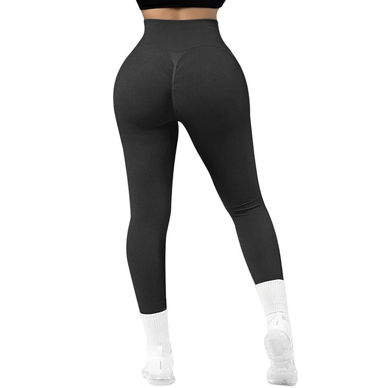 Genuiskids Women's Workout Leggings Solid Color Ribbed Sports Leggings Non  See Through High Waisted Tummy Control Tights Gym Yoga Pants