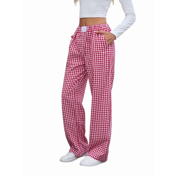 Pantalones Bóxer de Cuadros A Rayas para Mujer, de Algodón, para Estar en Casa, Informales, Estilo Y2K, con Bolsillos Rojo XXL