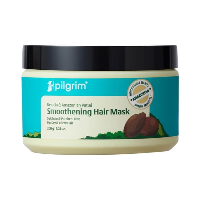 Pilgrim Patuá & Keratin Smoothening Hair Mask, 200gm, in a round jar with a teal label and black lid. The label highlights Amazonian Patuá oil and keratin, known for nourishing and hydrating dry, frizzy hair. Ideal for achieving a luxurious hair spa experience, the sulfate- and paraben-free formula strengthens and smooths hair.