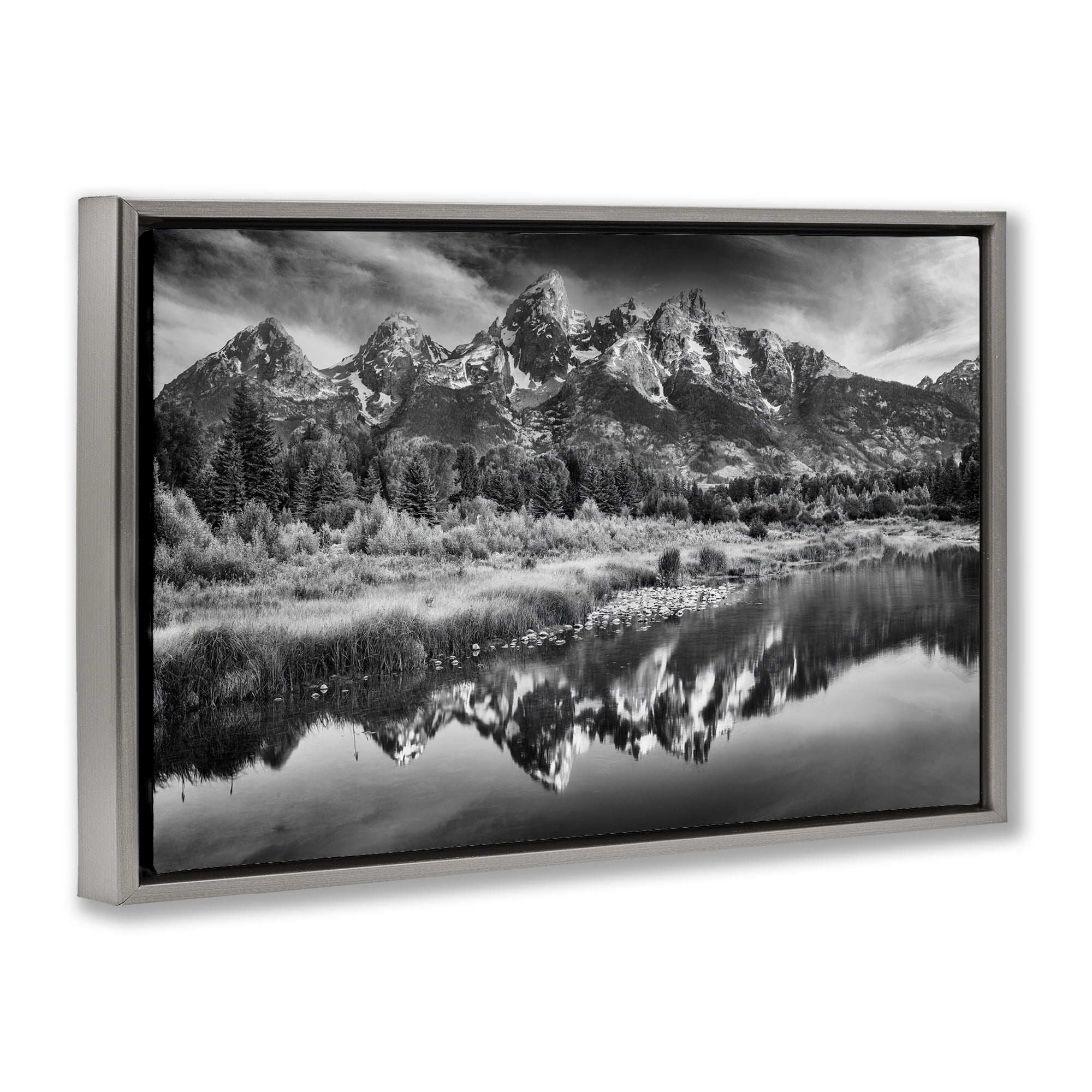 Stupell Industries Teton Mountain Reflections Gray Framed Floater Canvas Wall Art, design by Rick Berk