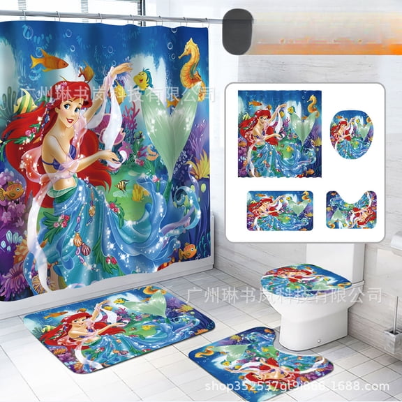 4 Pcs Ariel Bathroom Shower Curtain Set, Ariel Bathroom Set Shower Curtain Sets with Rugs(Bath Mat,U Shape and Toilet Lid Cover Mat) and 12 Hooks