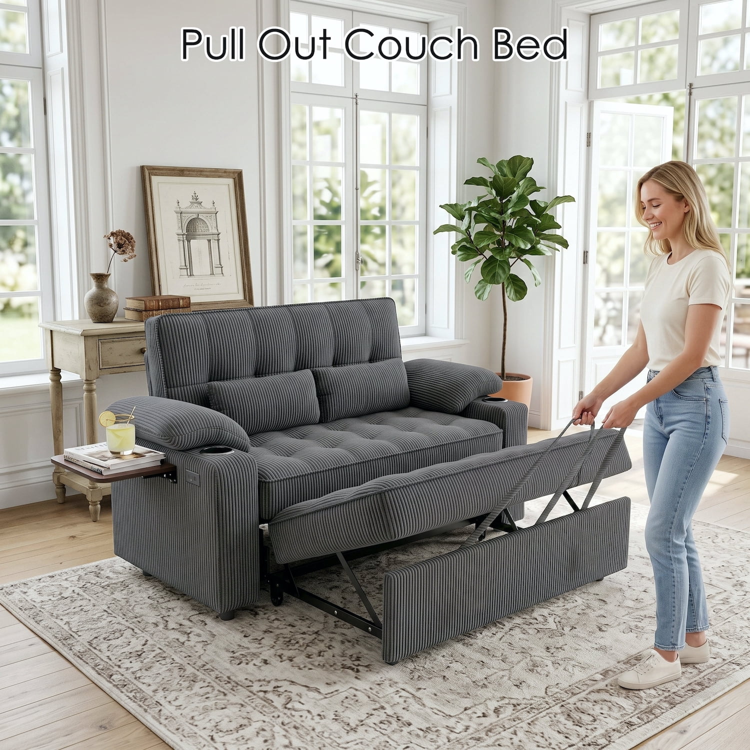 58" Convertible Sleeper Sofa Bed, Full Size Pull Out Couch with USB Charging, Cup Holders, Side Table, Adjustable Backrest, Corduroy Loveseat for Living Room, Apartment, Office (Dark Gray)
