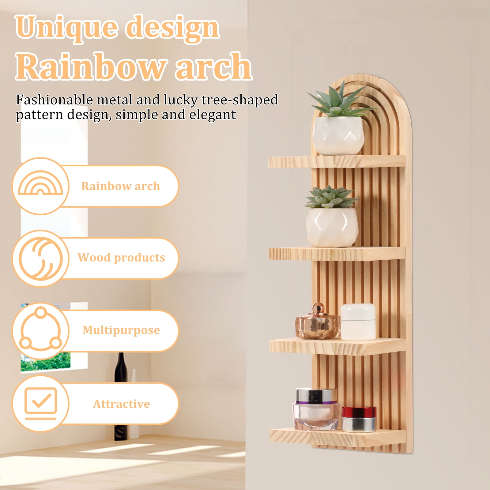 FKSZLL Boho Wall Shelf with Arched Wood Design Floating Shelf Mid-Century Rainbow Decor Wall Shelf for Home Bedroom Living Room Bathroom Office, 18.9 x 5.7 x 4.33 Inch, 4 Tier