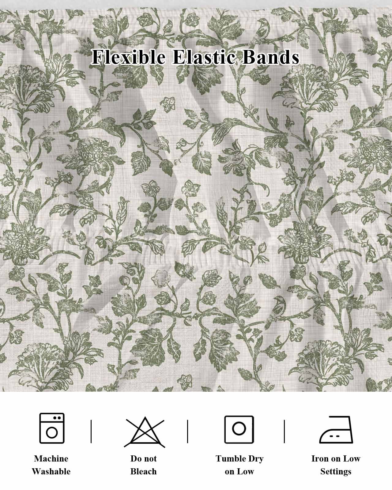 Pastoral Flowers Bed Skirt Green Flower Vintage Linen Texture Bed Skirts King Size 16 Inch Drop, Wrap Around Dust Ruffle&nbsp;Bedskirt with Adjustable Elastic Belt for Queen Size Beds