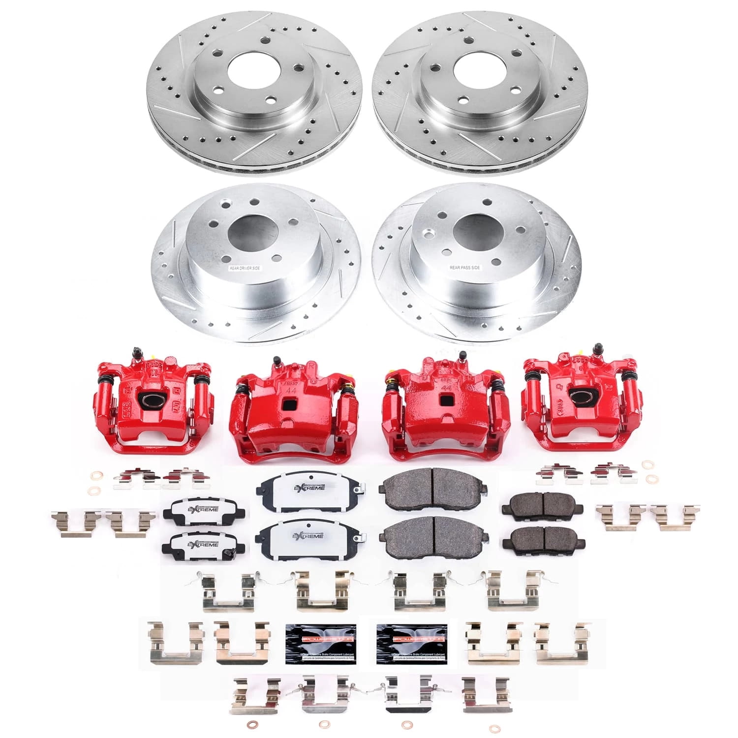 PowerStop Front and Rear Z26 Street Warrior Brake Pad and Rotor Kit with Red Powder Coated Calipers Fits: NISSAN Select Models KC8359-26