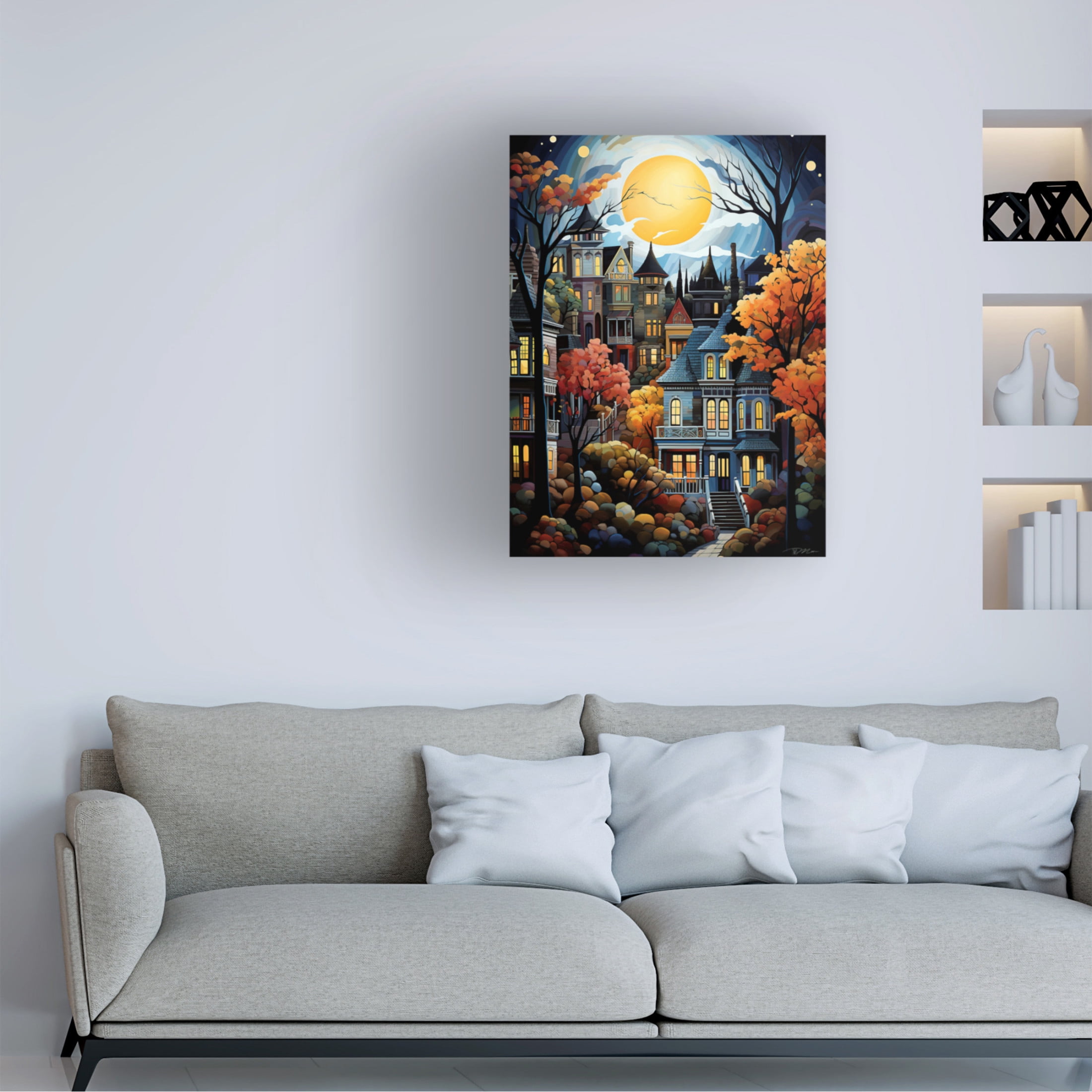 Canvas Wall Art - Momart 'Serene Village Under The Moon 4' Wall Art for Living Room, Bedroom, or Office Décor by Trademark Fine Art - 24 x 32 Inches