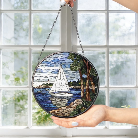 KuphiL10C Sailboat Suncatchers for Windows, Coastal Stained Glass Window Hanging, Ocean Sun Catchers with Metal Chain and Hook, Wall Art Home Decor, Birthday Gift