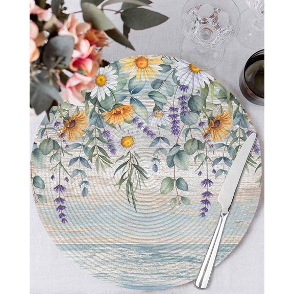 15 Inch Round Placemats Set of 6, Floral Eucalyptus Leaves Non Slip Heat Insulation PP Table Mats, Daisy Summer Botanical Wooden Washable Place Mats for Kitchen Dining Party Table Decor