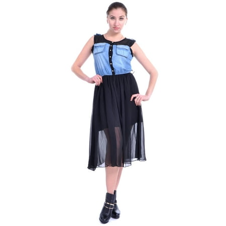 Prairie Dress - S/M Fit Black Chiffon and Blue Denim Mix Fabric Prairie Style Dress