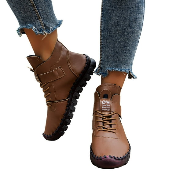 IUJSOY Womens Lace up Ankle Boots Winter Warm Furry Lined Leather Booties Comfort Flat Shoes