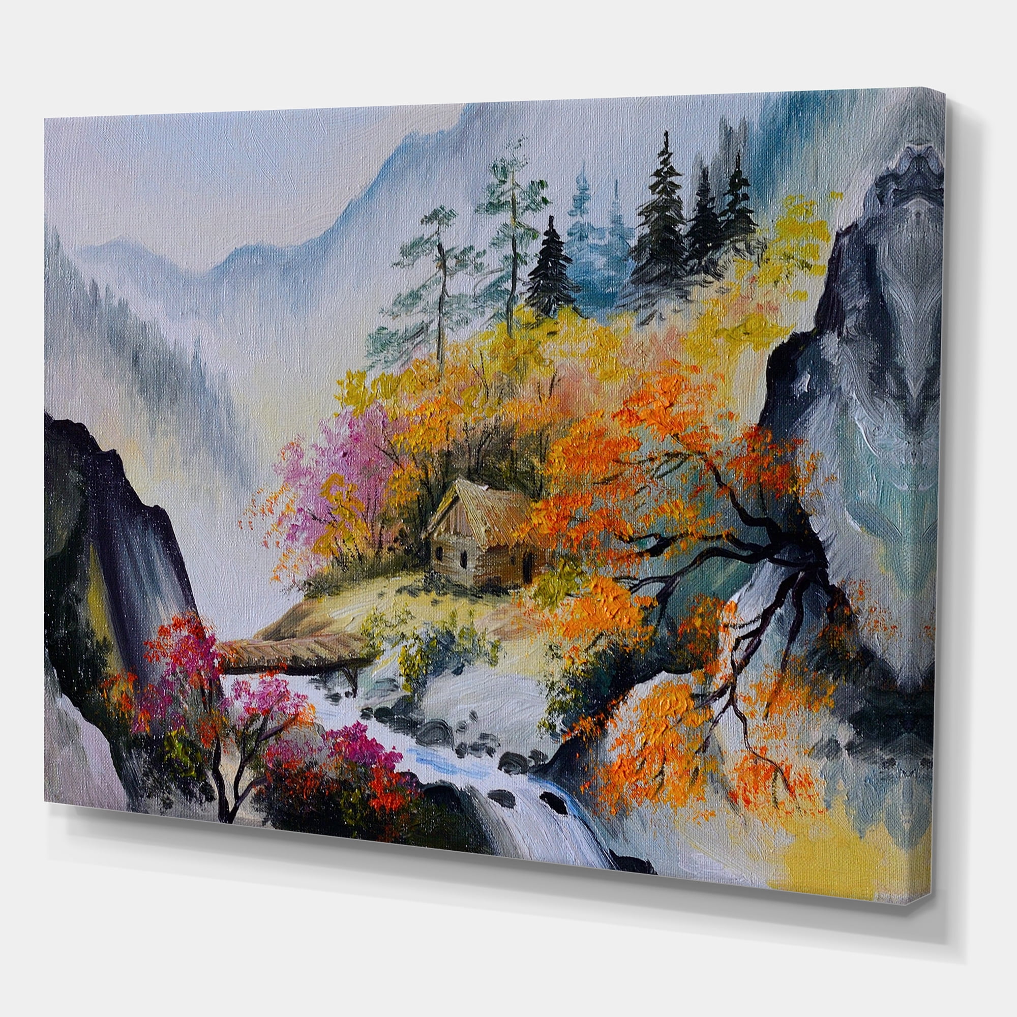 Designart ' VIbrant Mountain Landscape With Little House ' Traditional Canvas Wall Art Print