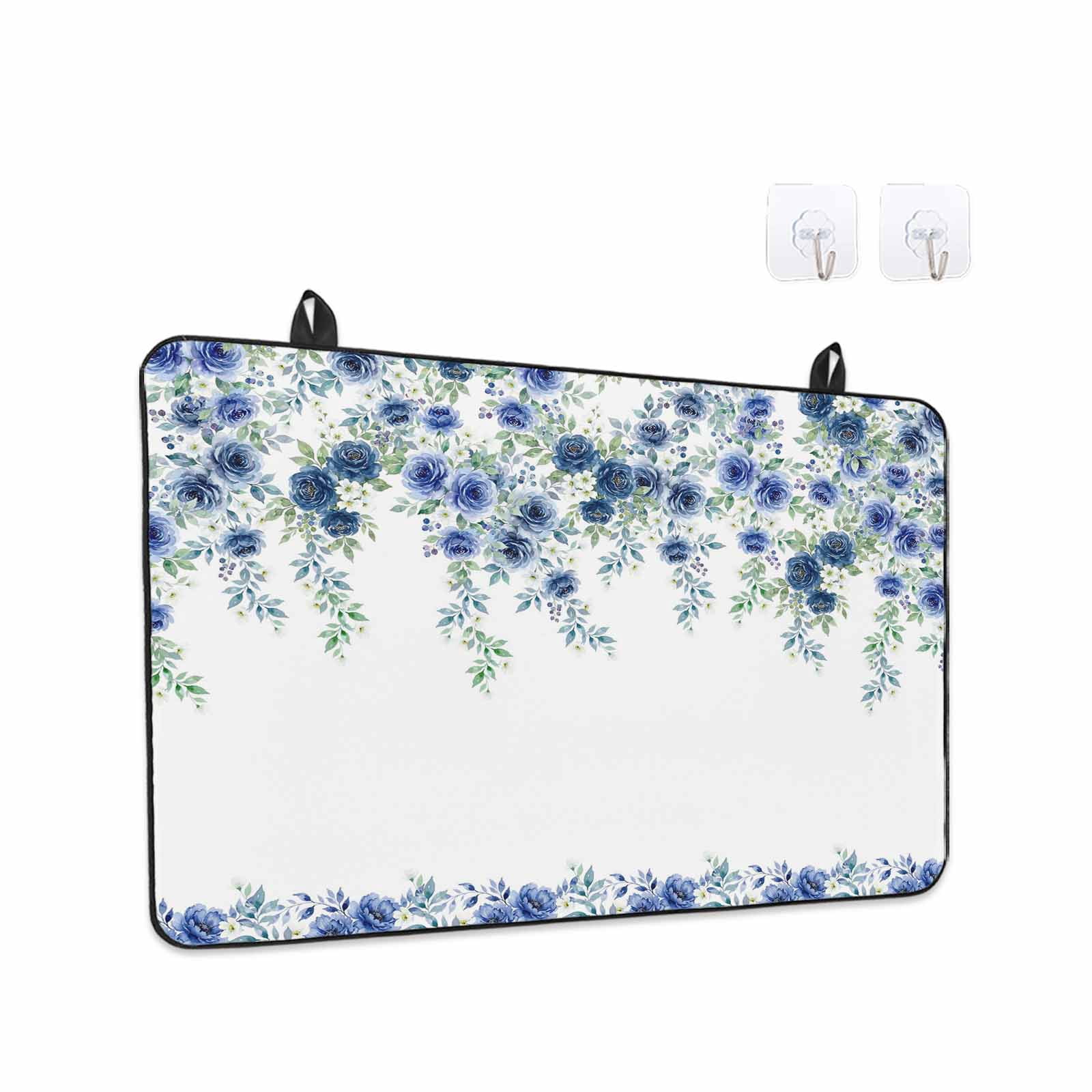 Blue Roses Stove Top Cover for Electric Stove, Heat-proof & Non Slip Glass Top Stove Cover Protector, Spring Floral Elegant Pastoral Flowers Botanical Kitchen Flat Cooktop Rubber Mat 24x21 Inches