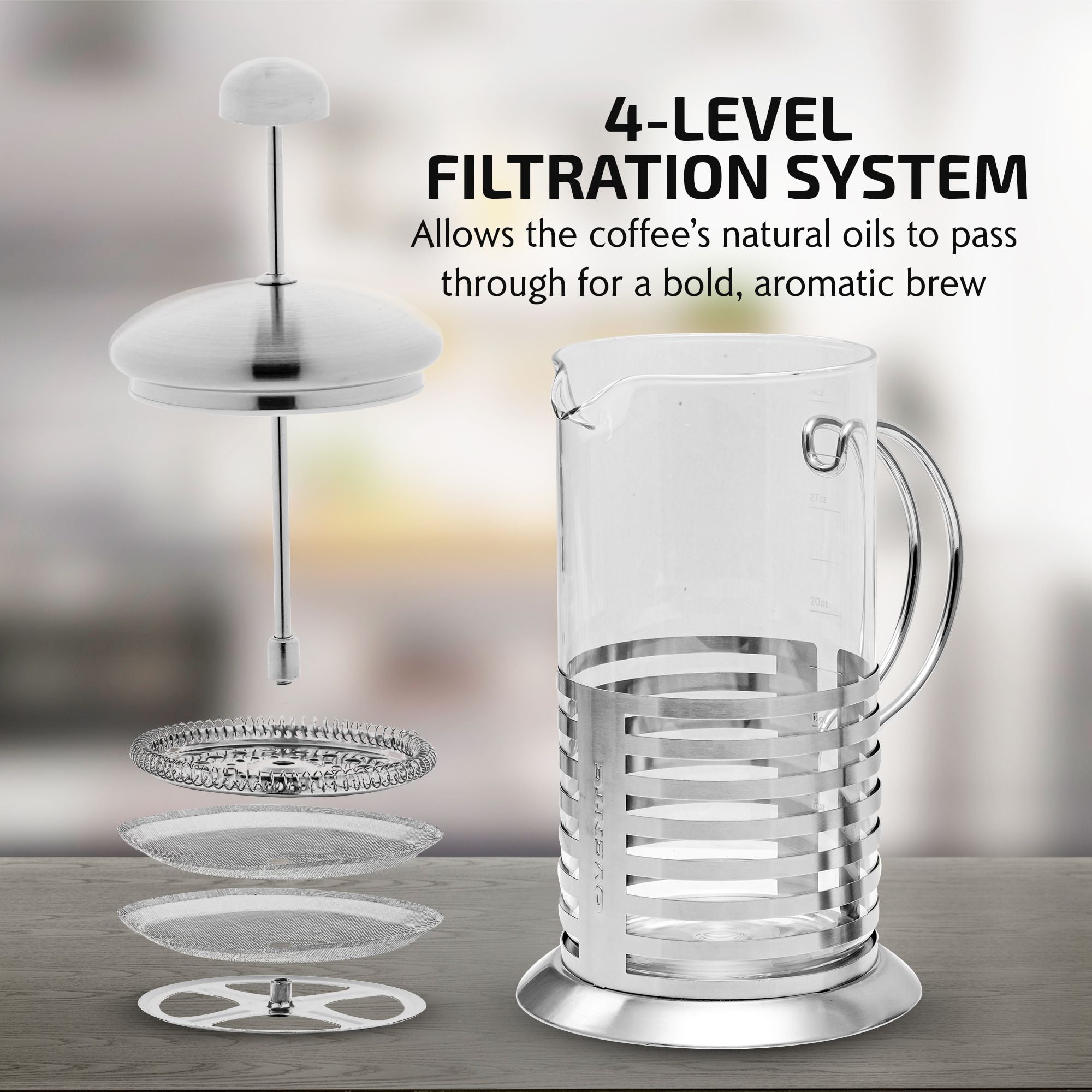 OVENTE 34 Ounce French Press Carafe Coffee & Tea Maker with Scoop, Easy to Clean, Silver FSH34S