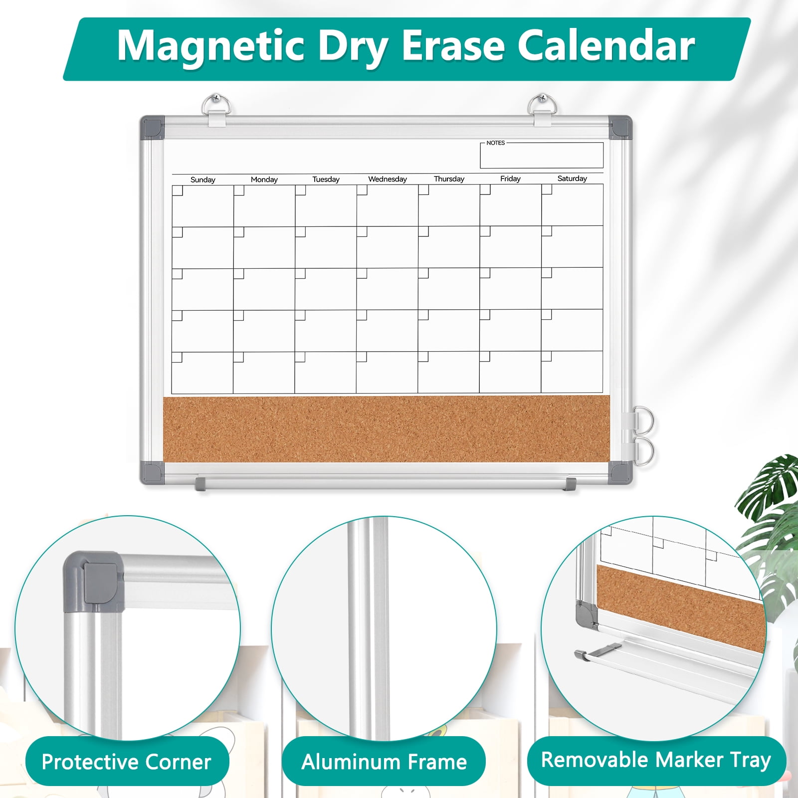 DOLLAR BOSS Monthly Calendar Whiteboard 16" x 12" Magnetic Dry Erase Board Combination Board Cork Board for Wall, Double-Sided White Board, Portable Board with Markers Magnets Eraser, White Frame