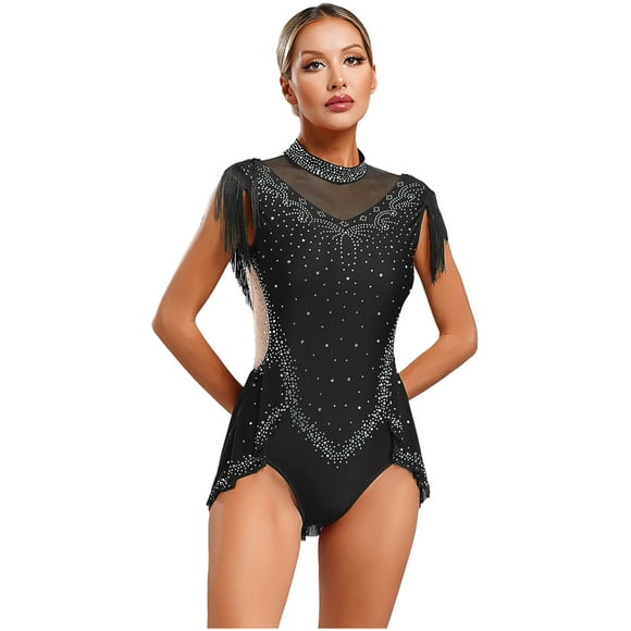 Jhaoyu Women's Lyrical Dance Dress Sparkly Rhinestones Tassels Latin Jazz Dance Leotard Modern Dancewear Black XL