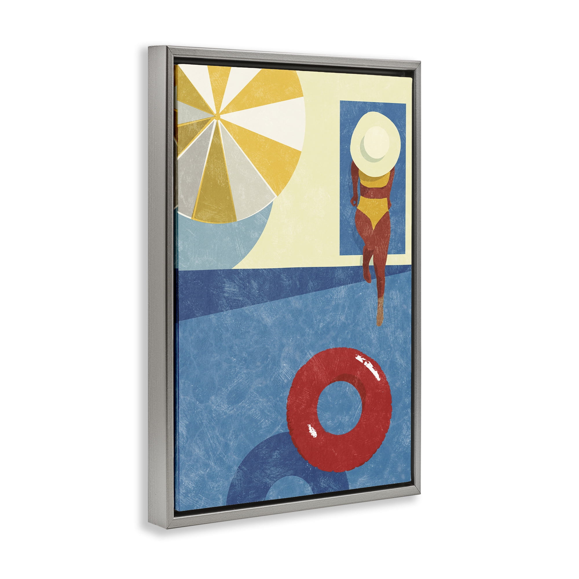 Stupell Industries Summer Poolside Girl Novelty Painting Gray Floater Framed Canvas Art Print Wall Art, 21 x 31