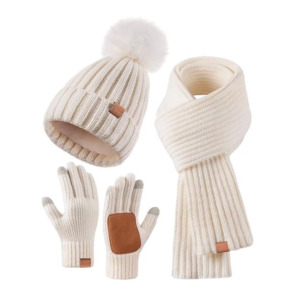 BRICH Women's Winter Beanie Hat Scarf Gloves Set Warm Knit Beanie with Pom Pom Long Scarf Touchscreen Gloves 3 in 1 Set White One Size