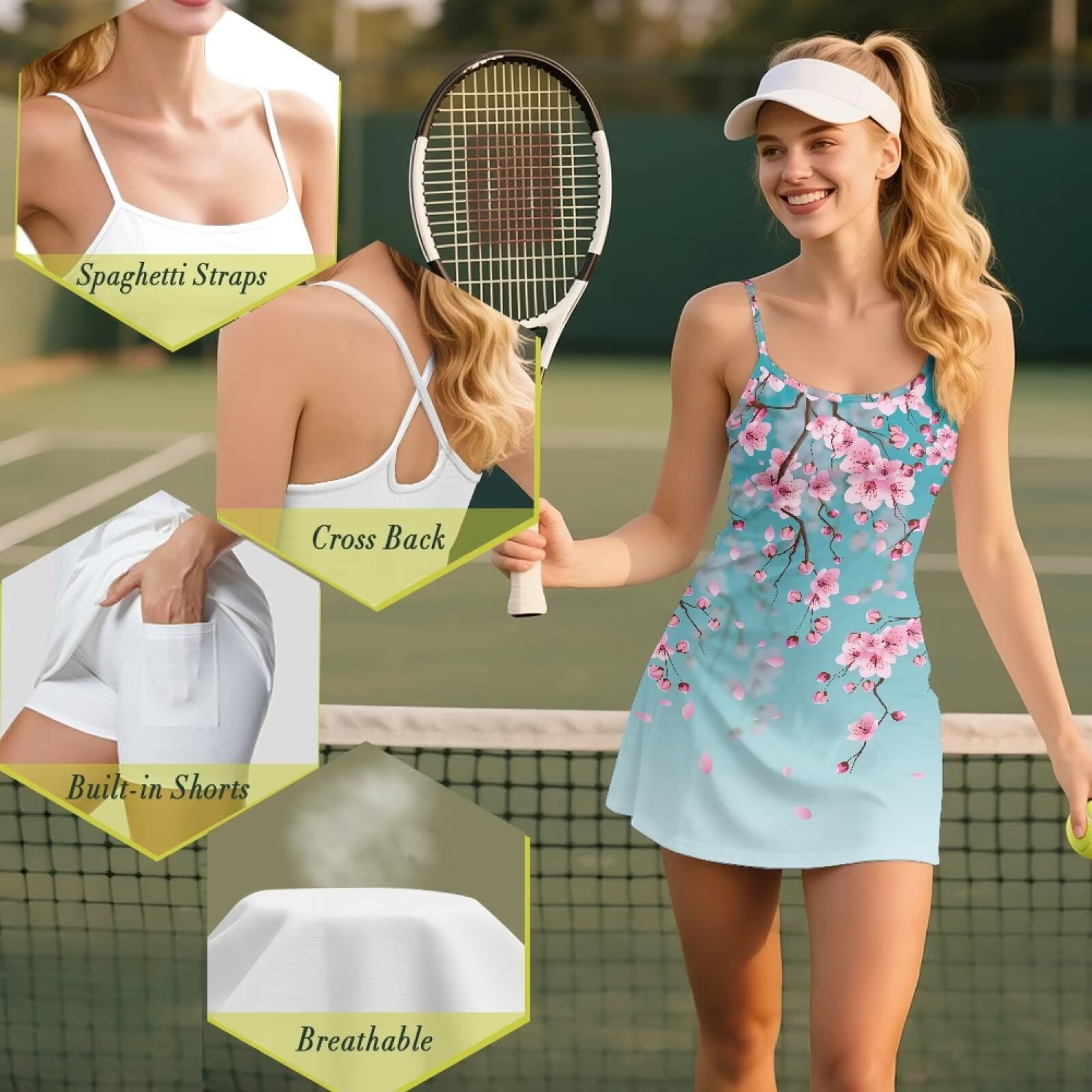 Yuyamidu Cherry Blossom Womens Tennis Golf Dress, Blue Workout Dress with Shorts Comfortable Athletic Dresses for Women Sportswear Size XL