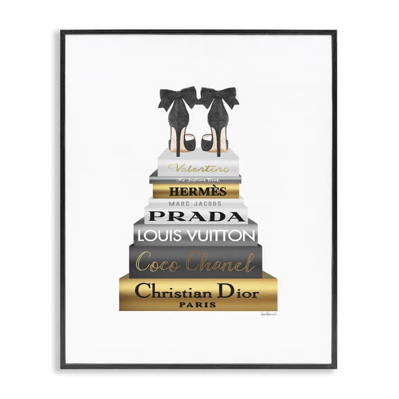 Stupell Industries Contemporary Black Heels Gold Bookstack Black Framed Giclee Art, 11 x 14, by Amanda Greenwood