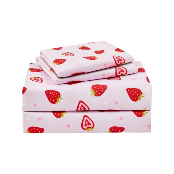Kids Sheet Set Twin Size Strawberry Print, 3 Piece Microfiber Bedding with Deep Pocket, Breathable Silky Soft Fitted Sheet for Children, Pink