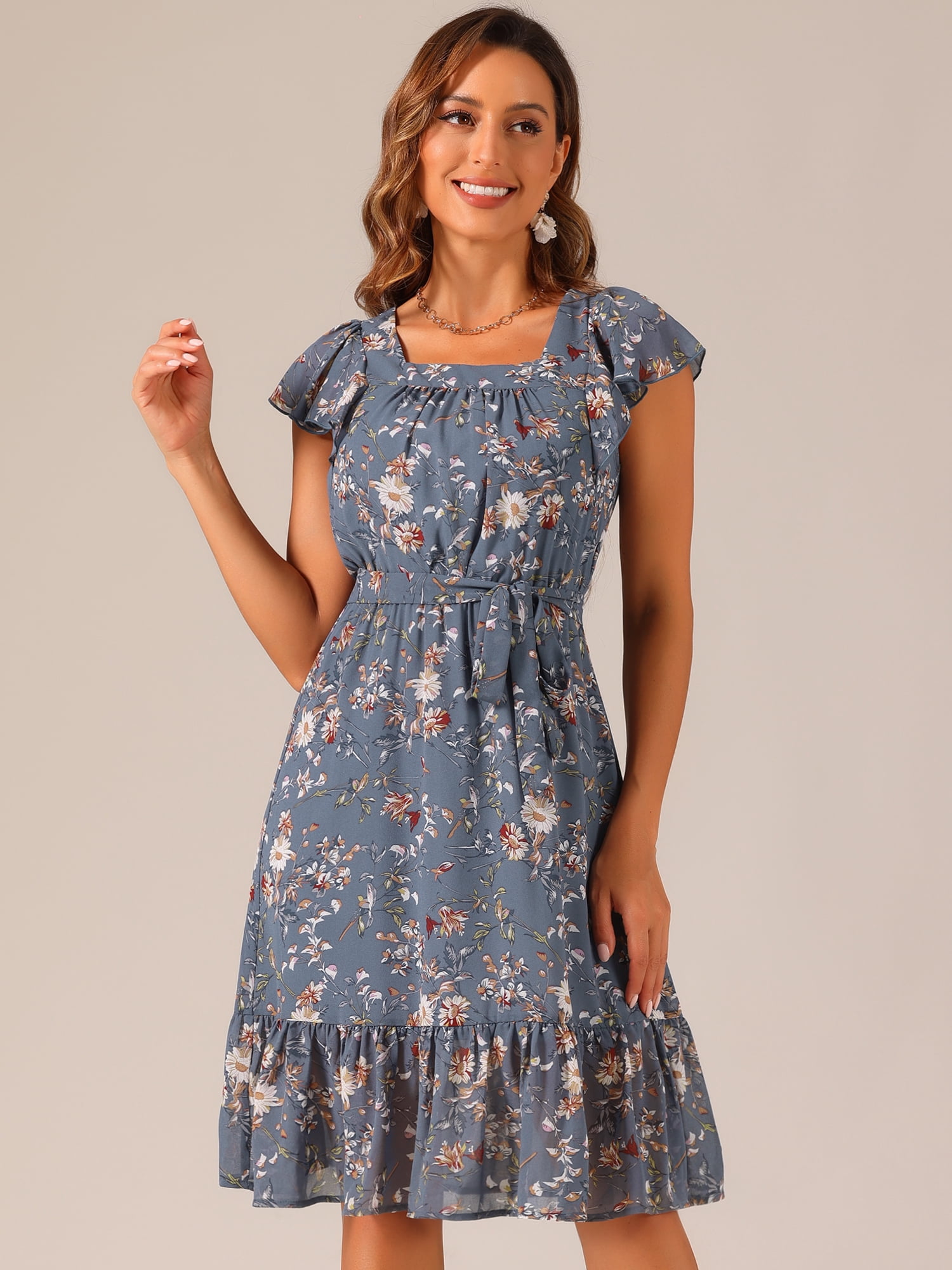 DARING DIVA Square Neck Flutter Sleeve A-Line Midi Dress XL Dusty Blue