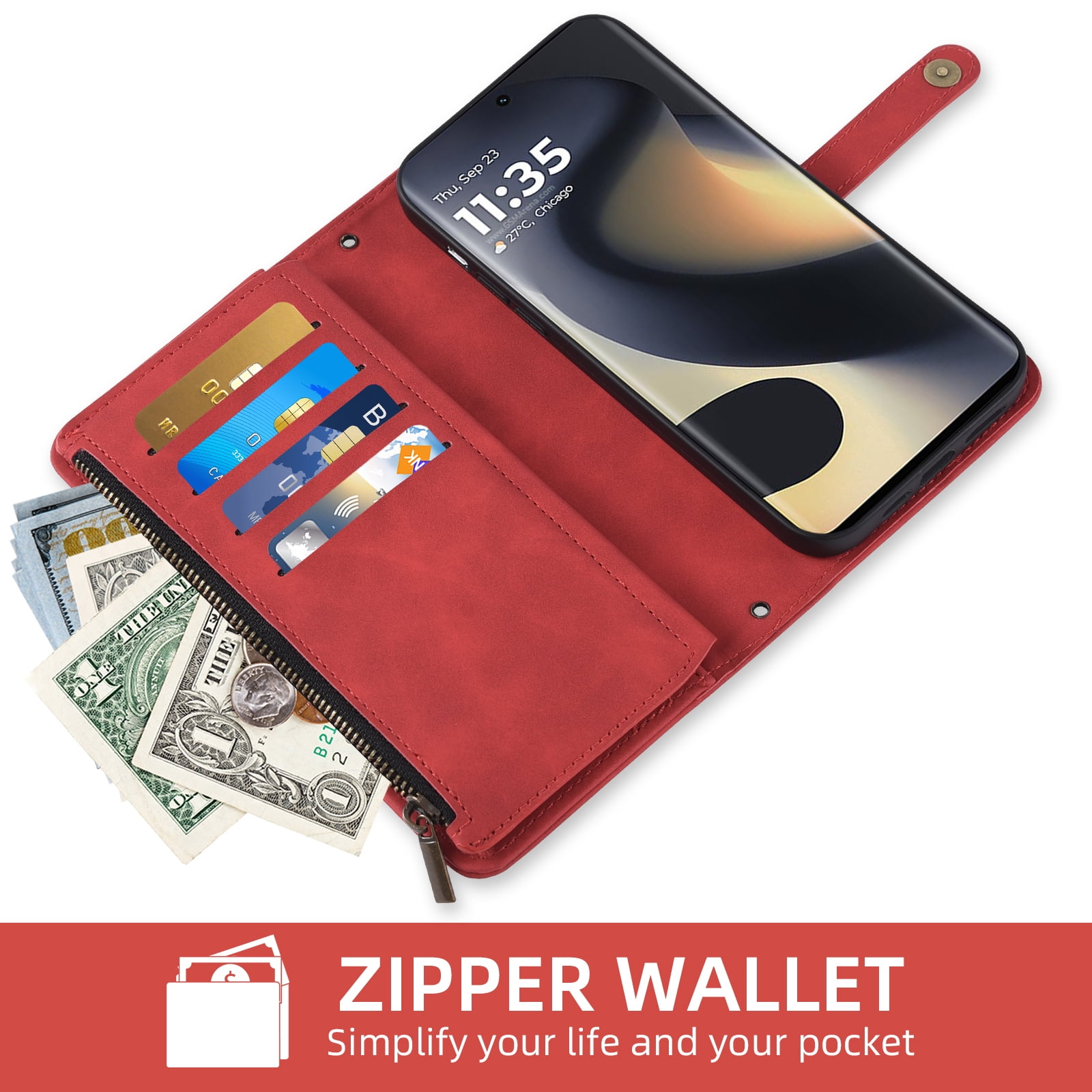 Asuwish Phone Case for Motorola Edge 5G 2024 Wallet Cover With Tempered Glass Screen Protector Crossbody Wrist Strap Flip Pattern Zipper Credit Card Holder Stand Slot Cell Moto Edge2024 Women Men Red