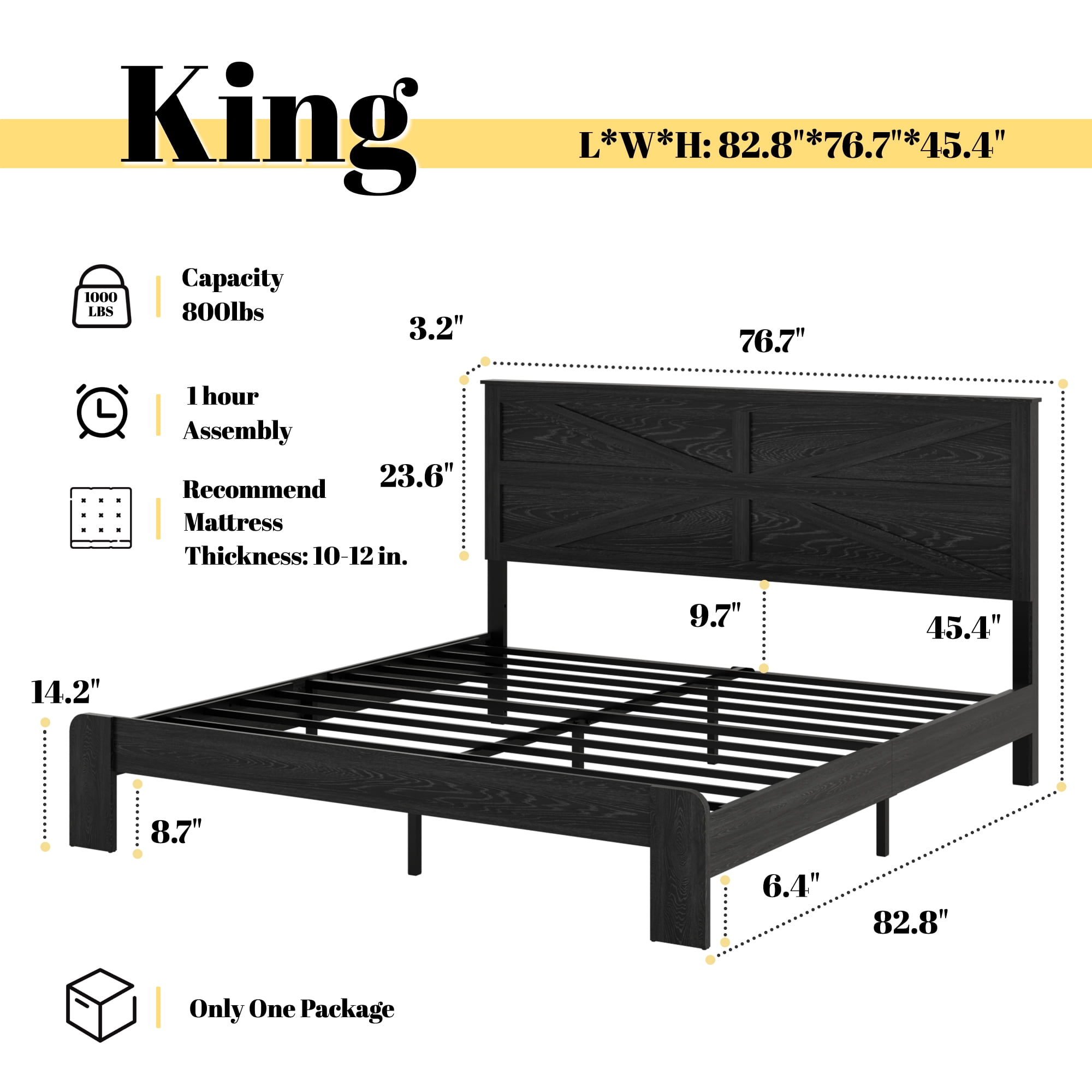 King Size Farmhouse Wooden Bed Frame with Headboard, Boho Platform Bedframe Sturdy Metal Slats Support, No Spring Mattress , Silent Operation, Easy Assembly (King, Black)