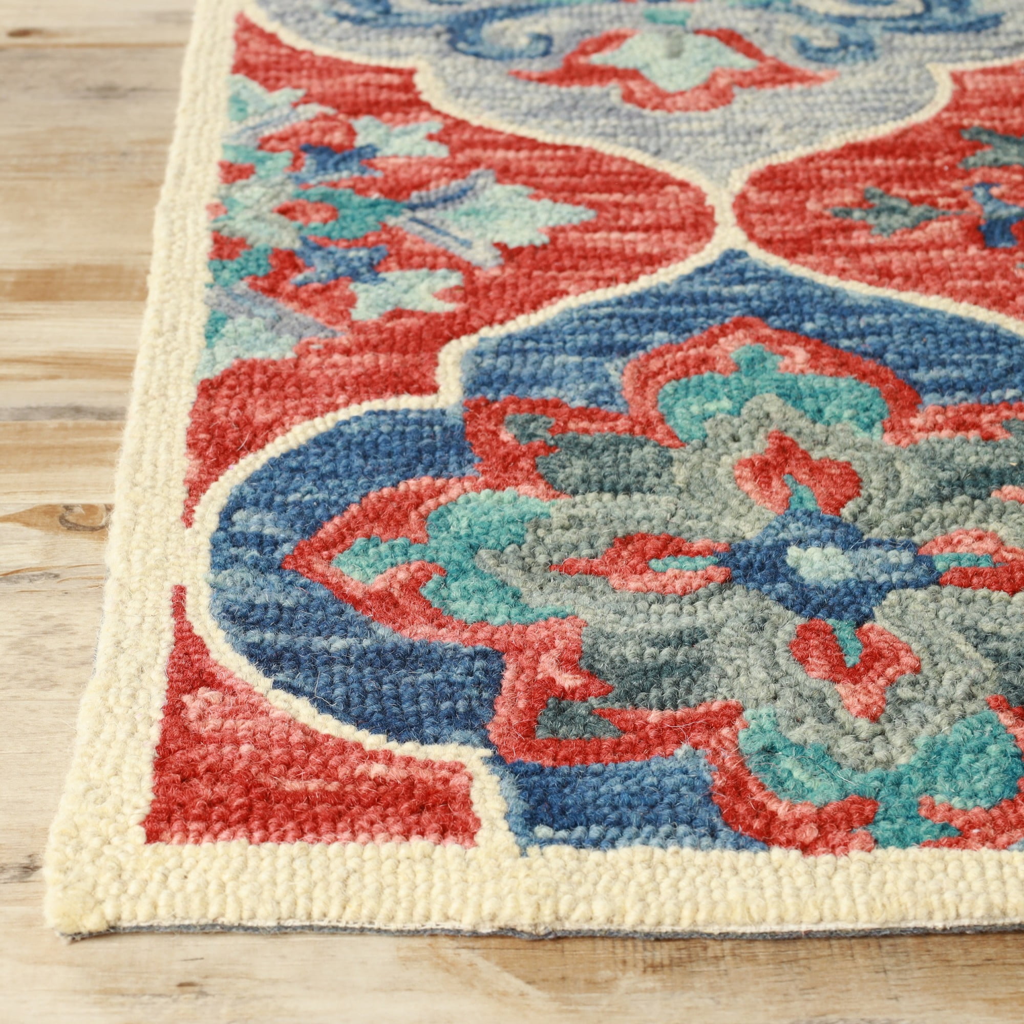 Geometric Floral Eclectic Modern Bohemian Handmade Wool Indoor Area Rug, Blue-Rust, 8' x 10'