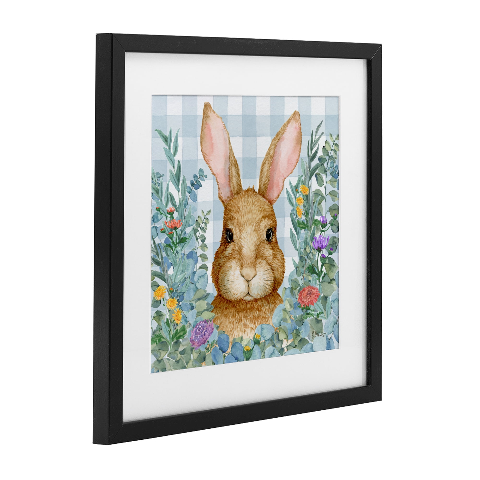 Stupell Industries Rabbit Laurel on Gingham Black Framed Print Under Glass, design by Paul Brent