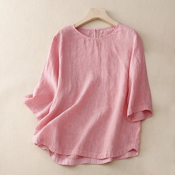 YHAJDS Women's Shirts Linen Round Neck Loose Casual Pullover Spring Summer Top