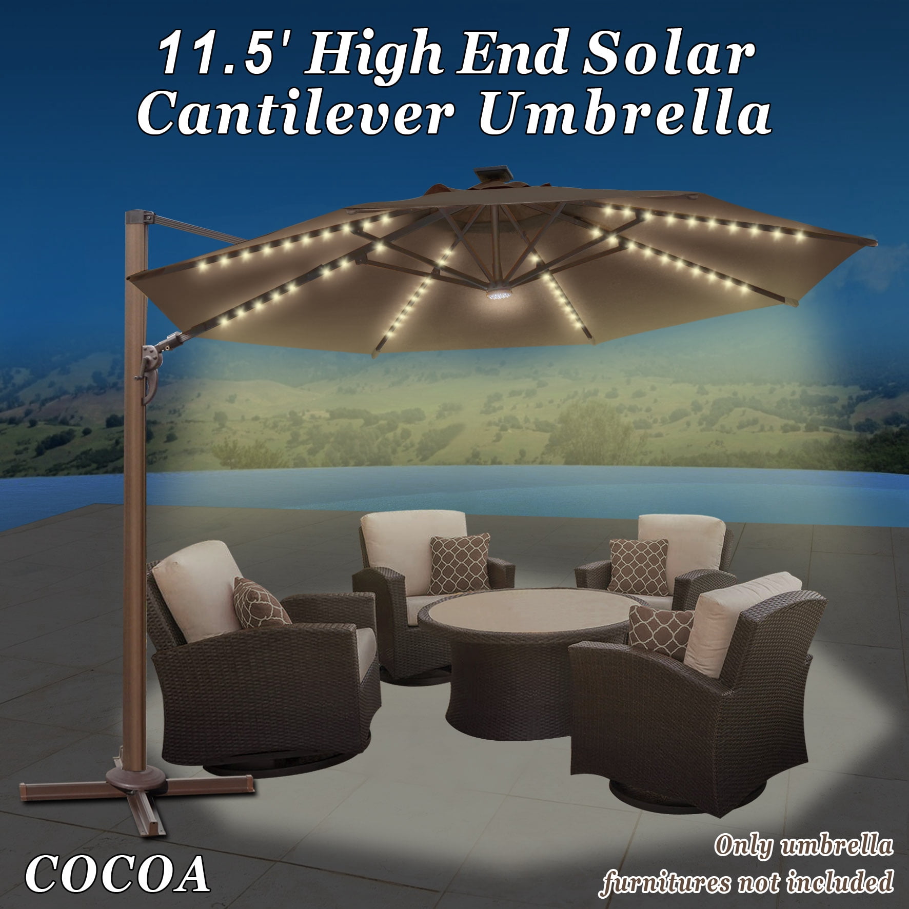 Sunny 11.5' Deluxe Cantilever Big Roma Umbrella Hanging Offset Solar Umbrella UV50+ Tilt & 360'C Rotation Patio Heavyduty Outdoor Sunshade Cantilever Crank Sunbrella Cover