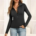 thumbnail image 5 of WTOBBY Women's Casual Solid Color V Neck Button Down Collar Long Sleeve Polo Shirt, Classic Preppy Style Top, Comfortable Stretch Blouse,Black S, 5 of 6