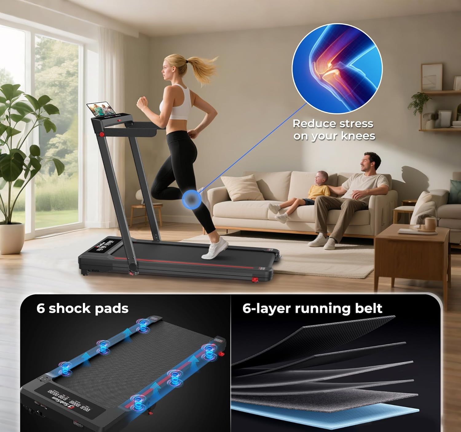 SubSunFolding Treadmill, Walking Pad with Handle, Under Desk Portable Treadmill for Home, Black/White