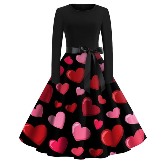 Fgvctg Valentine's Day Tea Party Dresses for Women Prom Vintage Cocktail 50's Dress Love Heart Graphic Crewneck Dress Plus Size Elegant Long Sleeve Clothes Fit Outfit Black M