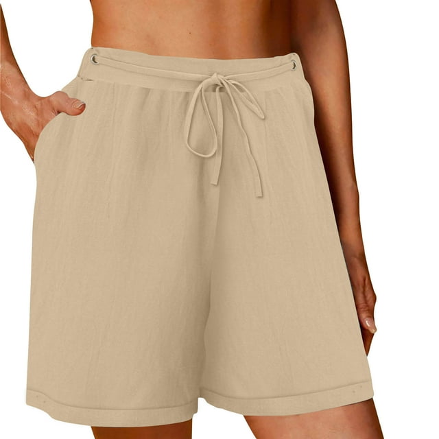 Plebaso Womens Casual Shorts High Waist Knee Length Shorts Drawstring Loose Wide Leg Shorts with Pockets