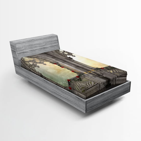 Ambesonne Gothic Fitted Sheet, Oriental Rose and Flower, Twin XL Size, Beige