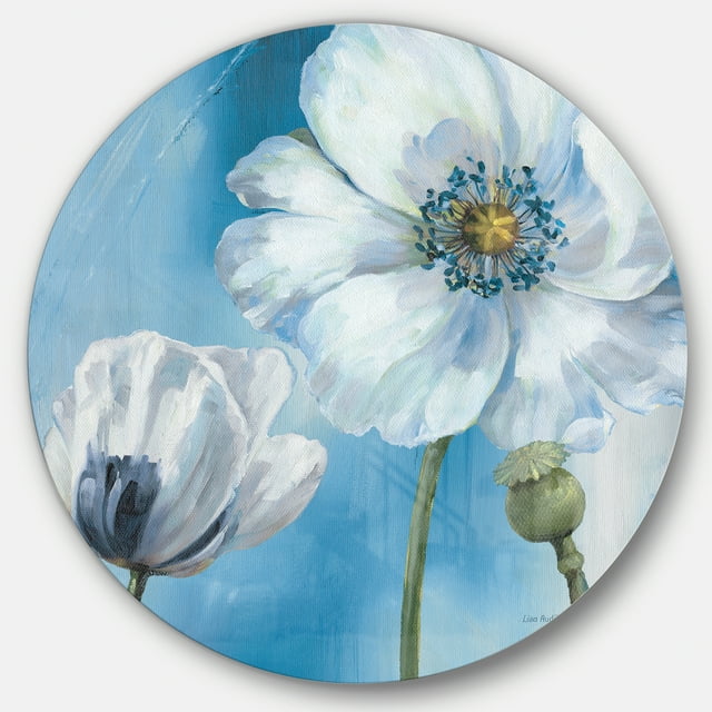 Designart 'fleurs Blanches Peintes à la Main sur Bleu I' Art Mural Rond en Métal Style Ferme - Disque de 36
