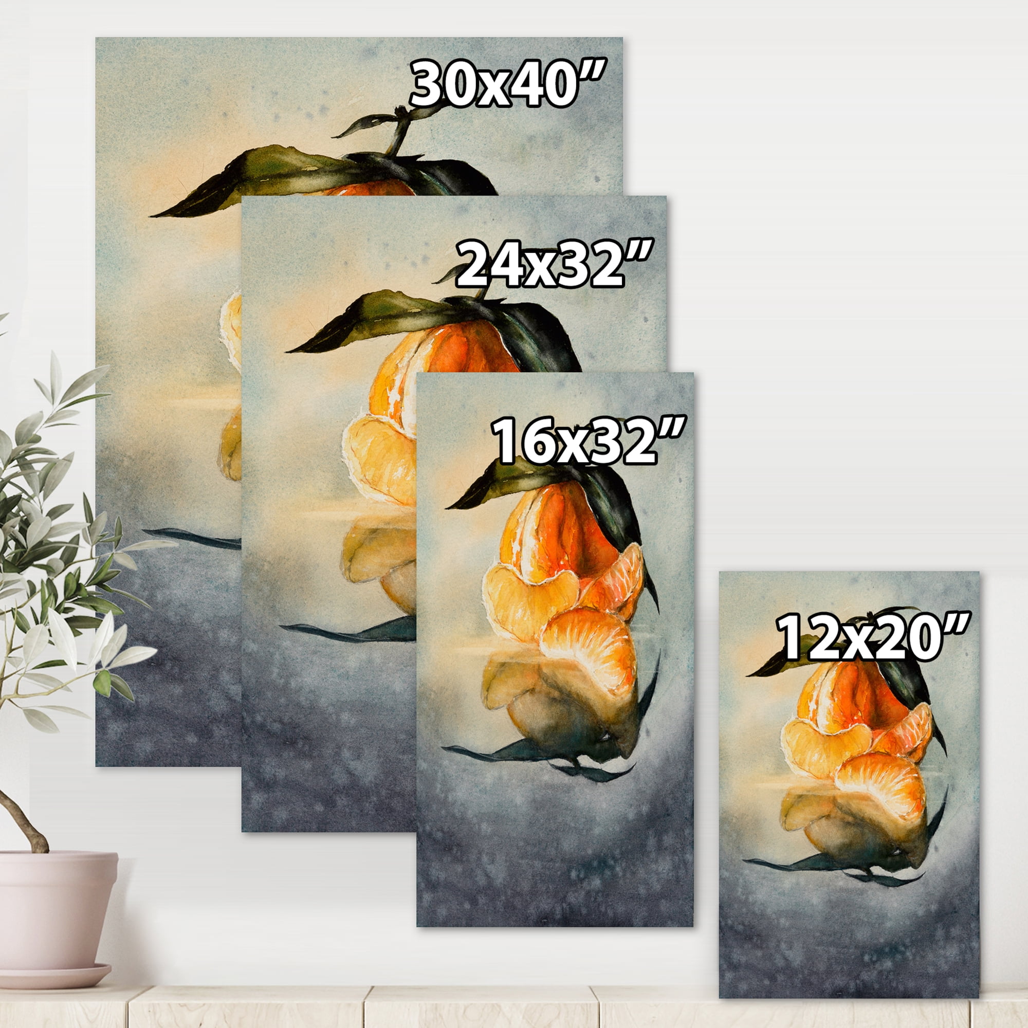 One Peeled Fresh Orange Mandarin Under Green Leaves 30 in x 40 in Painting Canvas Art Print, by Designart